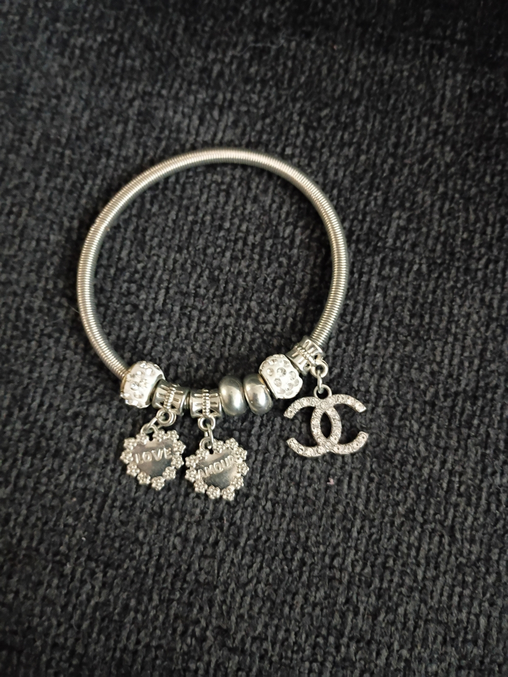 Silver-Tone Charm Bracelet with Crystal CC Logo and Love Charms